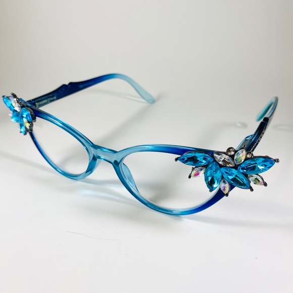OOAK Vintage Vixen blue ombre frames with Turquoise rhinestones +.50 & +2.25 - Picture 7 of 9